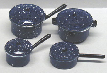 Dollhouse Miniature S/4 Blue Spatter Pots/Pans